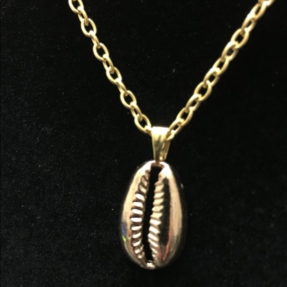 Gold Tone West African Cowrie Shell Charm Necklace